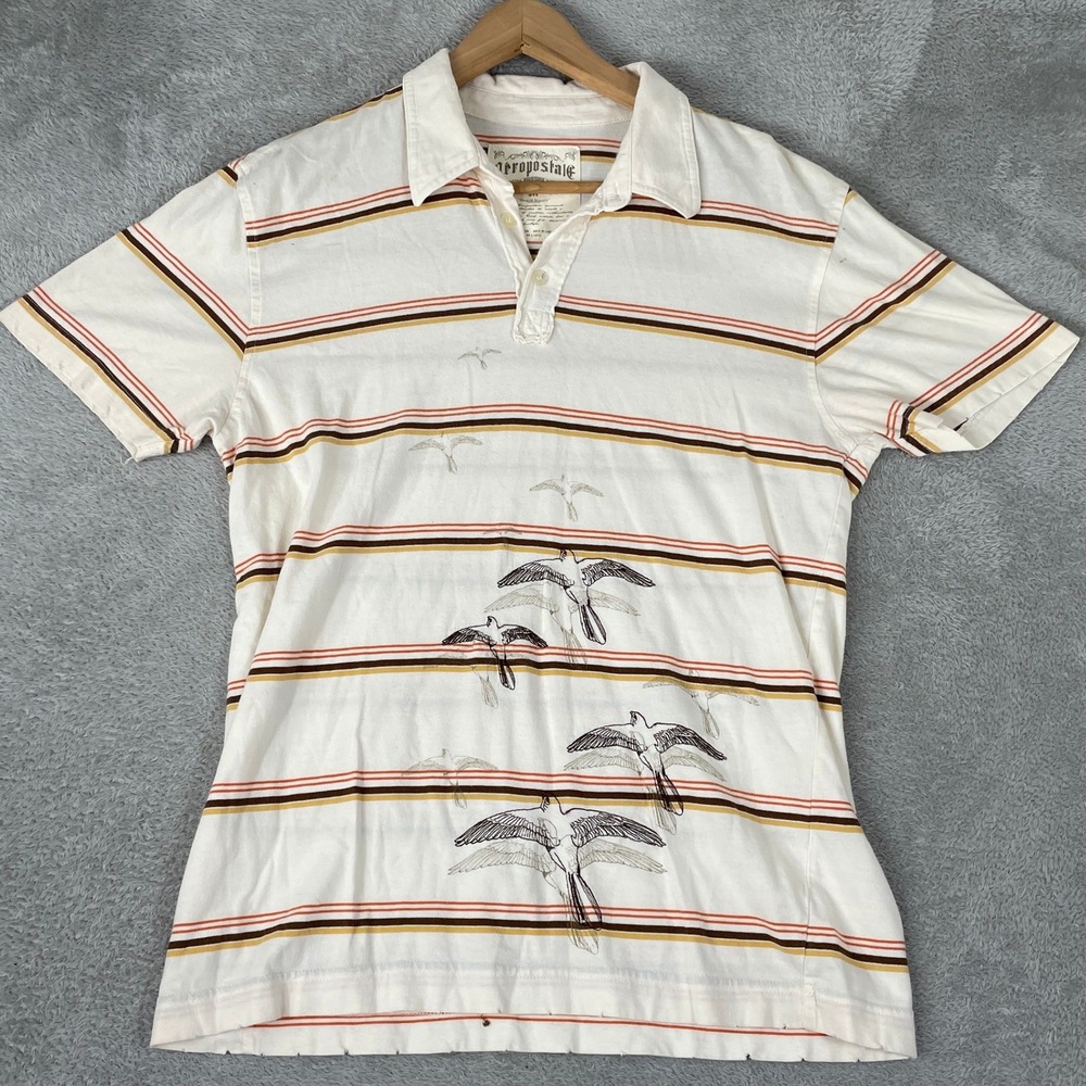 Vintage Aeropostale Polo Mens Medium White Y2K Embroidered Bird Striped Skater
